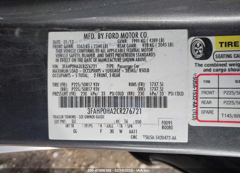 2012 FORD FUSION VIN: 3FAHP0HA2CR276721