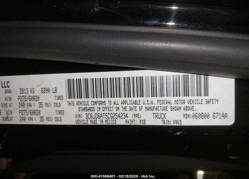 2012 RAM 1500 VIN: 3C6JD6AT5CG254234