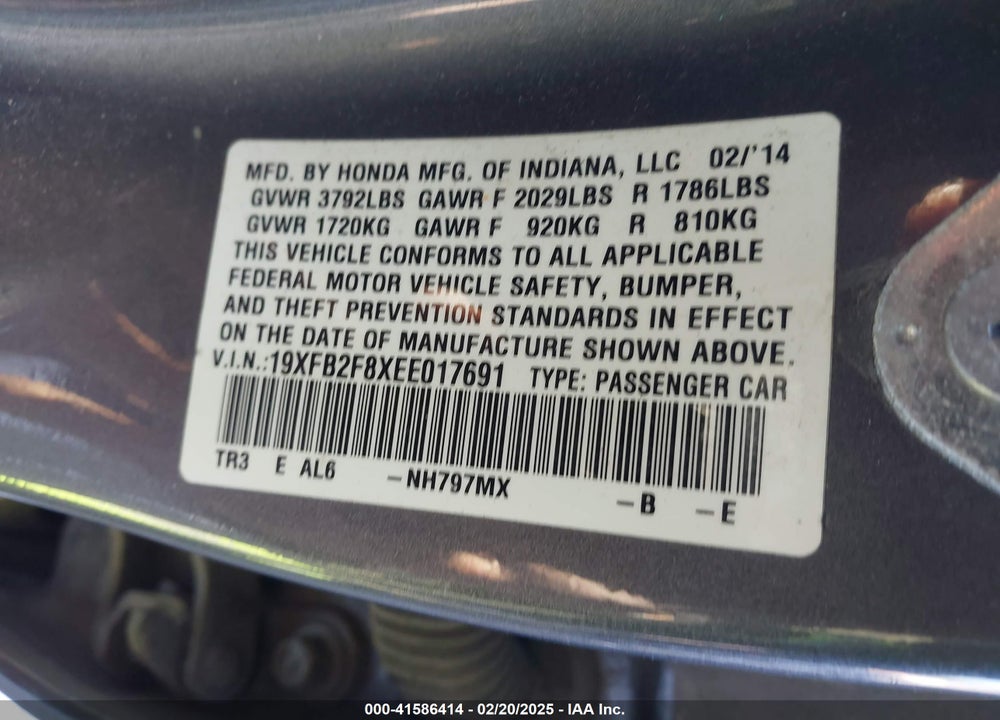 2014 HONDA CIVIC VIN: 19XFB2F8XEE017691