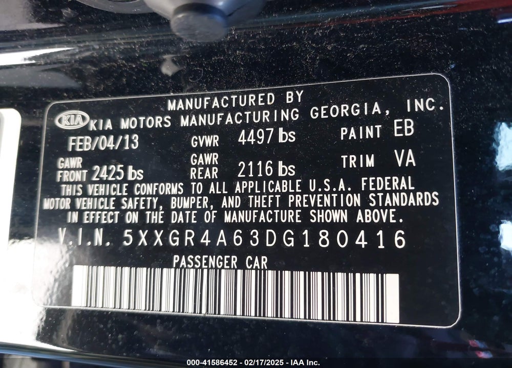 2013 KIA OPTIMA VIN: 5XXGR4A63DG180416