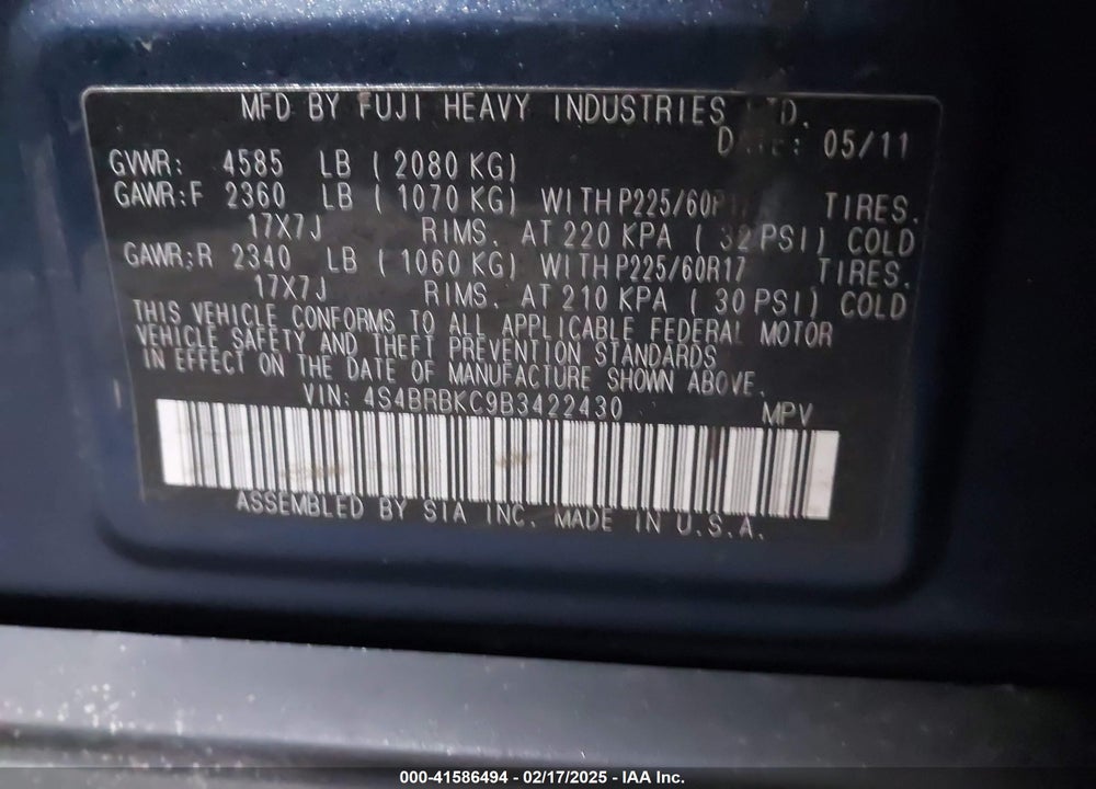 2011 SUBARU OUTBACK 2.5I LIMITED VIN: 4S4BRBKC9B3422430