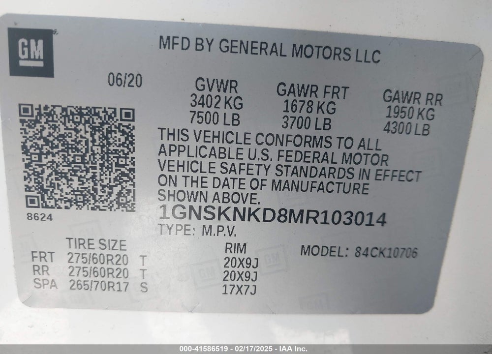 2021 CHEVROLET TAHOE 4WD LT VIN: 1GNSKNKD8MR103014