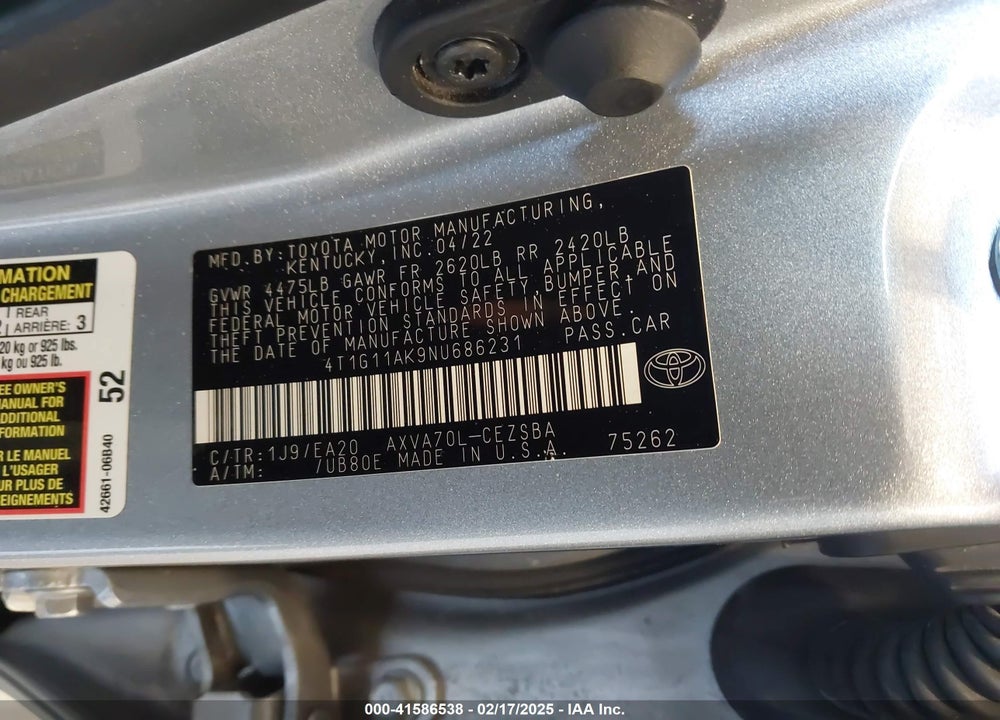 2022 TOYOTA CAMRY VIN: 4T1G11AK9NU686231