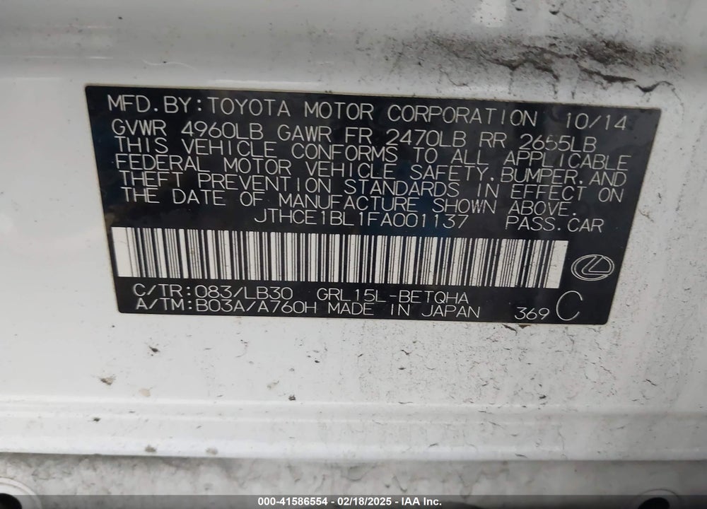 2015 LEXUS GS 350 VIN: JTHCE1BL1FA001137