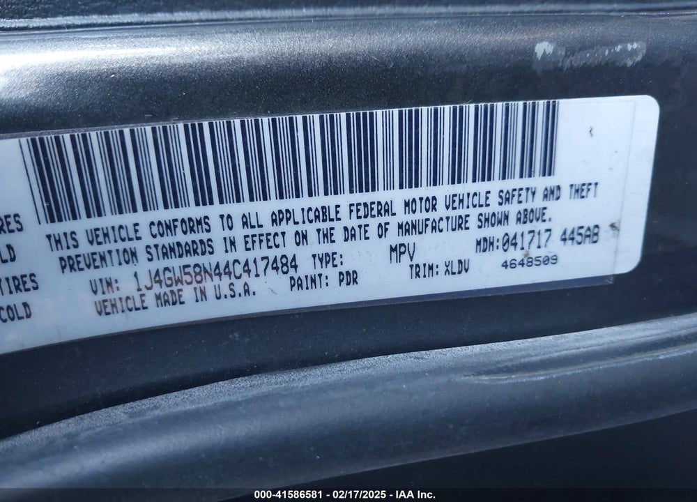 2004 JEEP GRAND CHEROKEE LIMITED VIN: 1J4GW58N44C417484