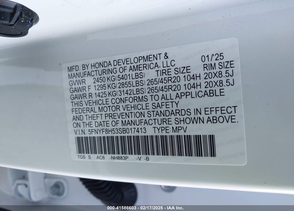 2025 HONDA PASSPORT VIN: 5FNYF8H53SB017413