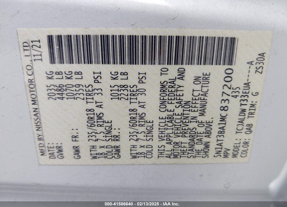 2021 NISSAN ROGUE VIN: 5N1AT3BA1MC837200