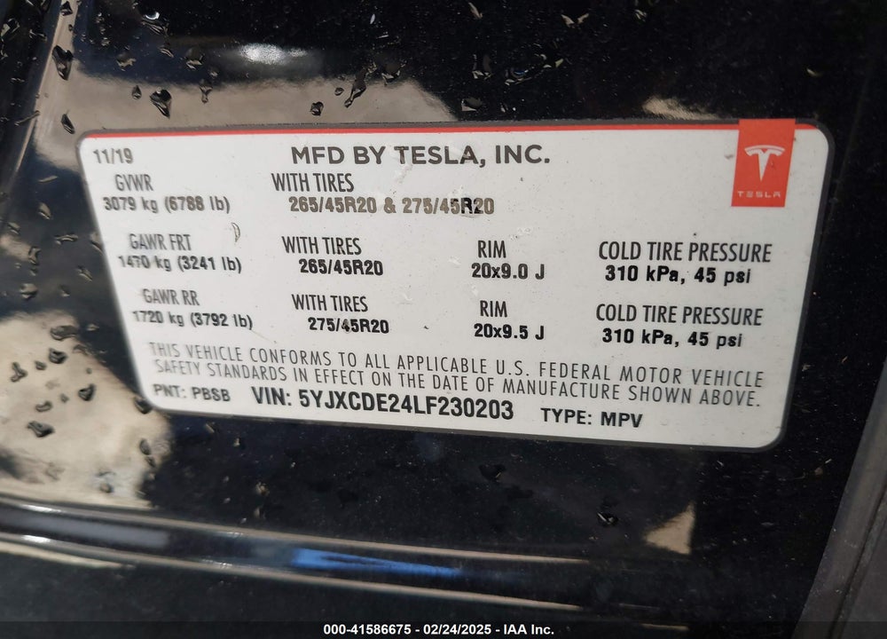 2020 TESLA MODEL X VIN: 5YJXCDE24LF230203