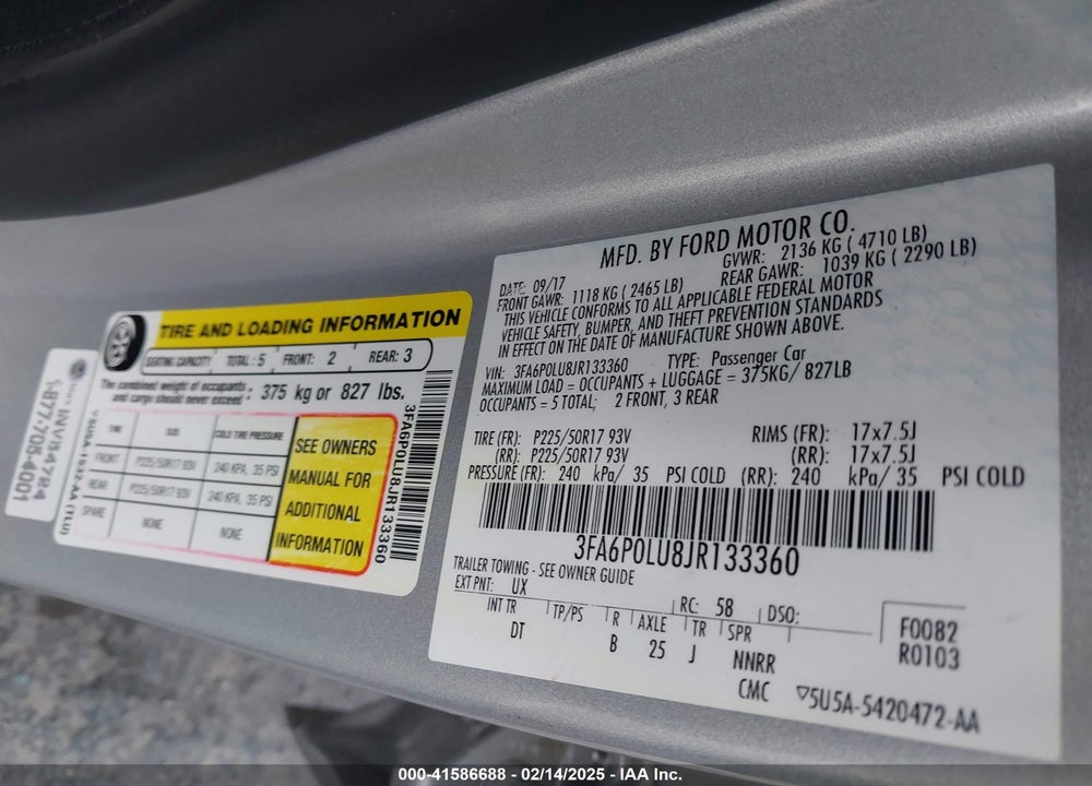 2018 FORD FUSION HYBRID VIN: 3FA6P0LU8JR133360