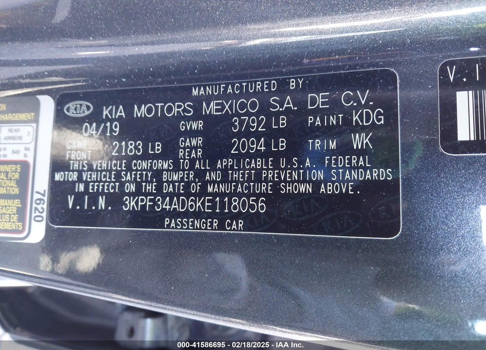 2019 KIA FORTE VIN: 3KPF34AD6KE118056
