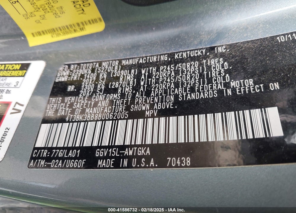 2011 TOYOTA VENZA VIN: 4T3BK3BB8BU062005