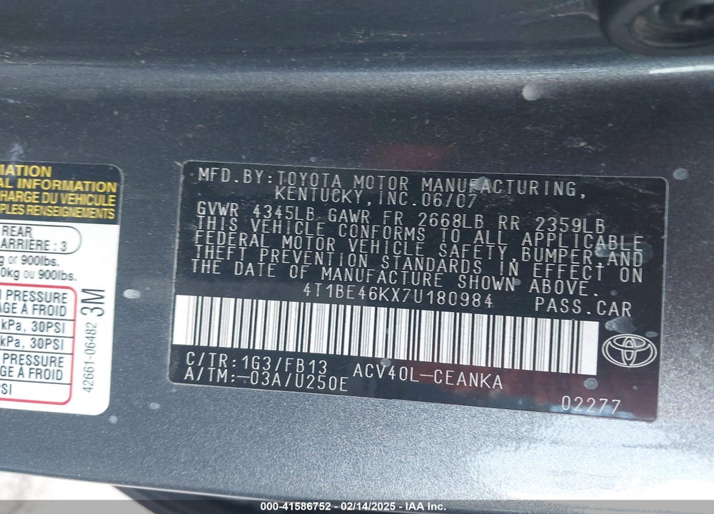 2007 TOYOTA CAMRY VIN: 4T1BE46KX7U180984