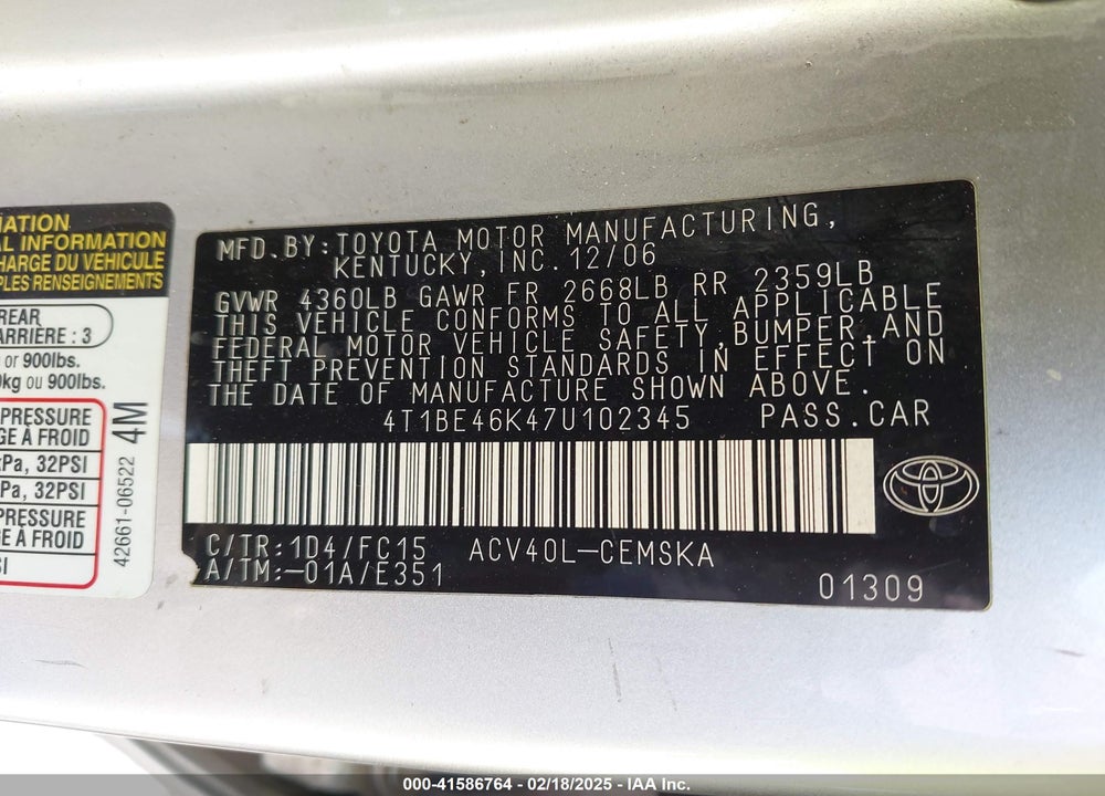 2007 TOYOTA CAMRY VIN: 4T1BE46K47U102345