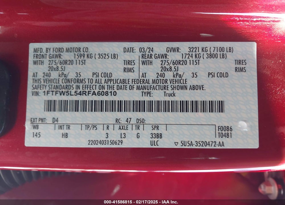 2024 FORD F150 VIN: 1FTFW5L54RFA60810