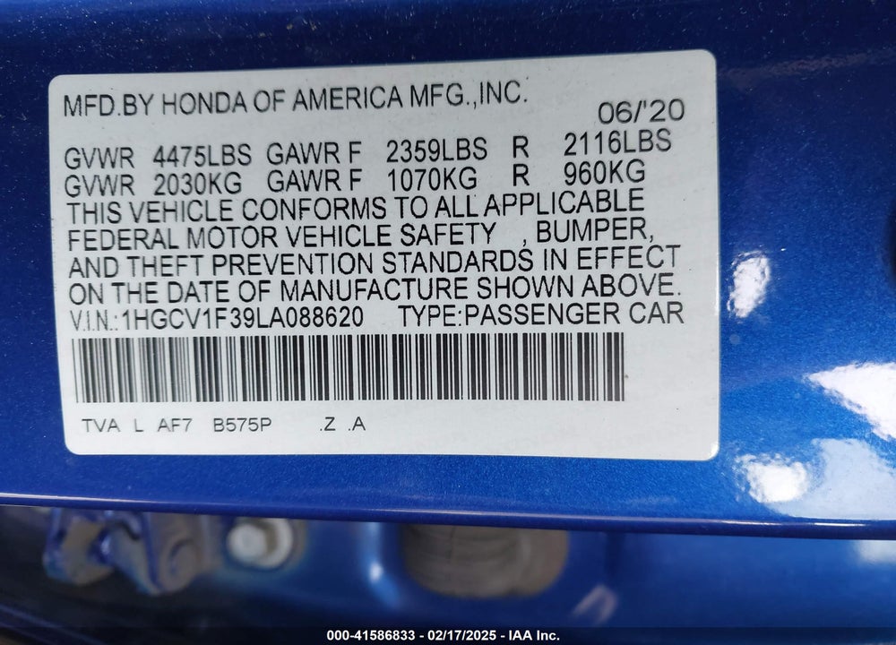 2020 HONDA ACCORD VIN: 1HGCV1F39LA088620