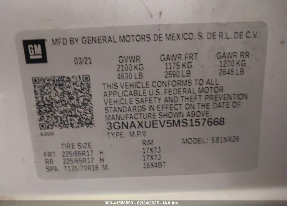 2021 CHEVROLET EQUINOX AWD LT VIN: 3GNAXUEV5MS157668