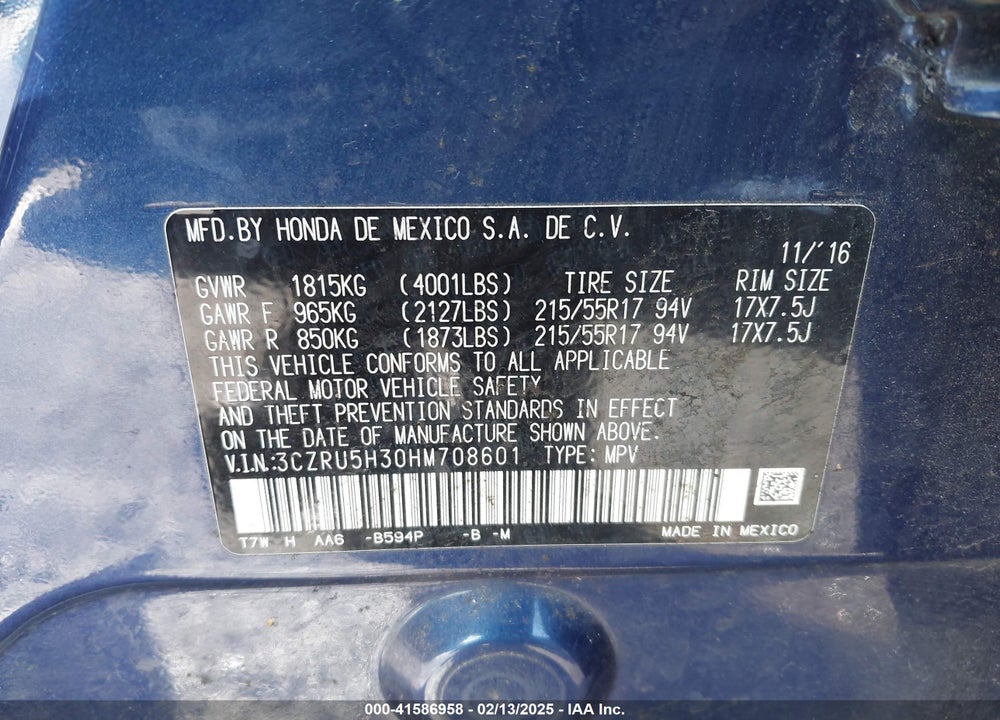 2017 HONDA HR-V LX VIN: 3CZRU5H30HM708601