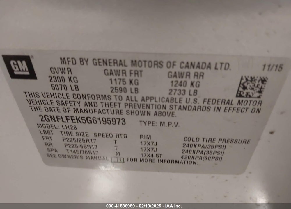 2016 CHEVROLET EQUINOX LT VIN: 2GNFLFEK5G6195973