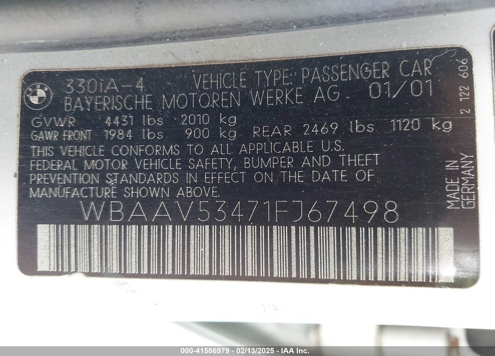 2001 BMW 330I VIN: WBAAV53471F167498