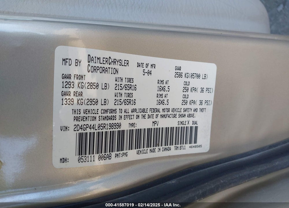 2005 DODGE GRAND CARAVAN SXT VIN: 2D4GP44L05R198990