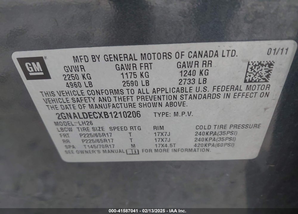 2011 CHEVROLET EQUINOX 1LT VIN: 2GNALDECXB1210206