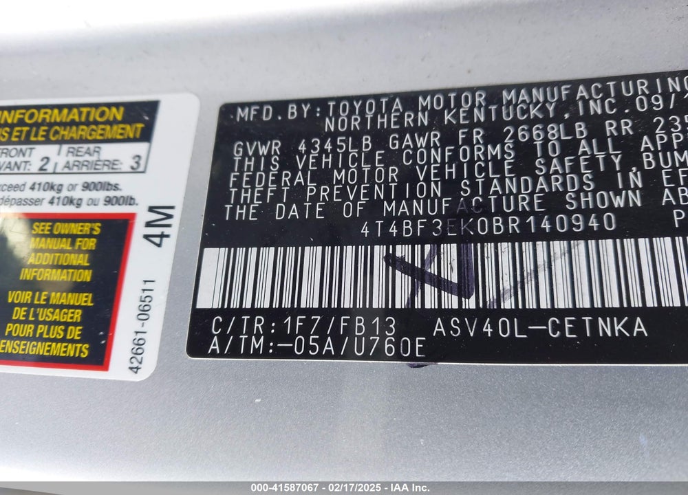 2011 TOYOTA CAMRY VIN: 4T4BF3EK0BR140940