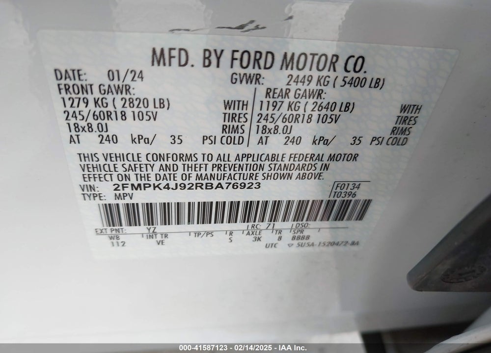 2024 FORD EDGE SEL VIN: 2FMPK4J92RBA76923