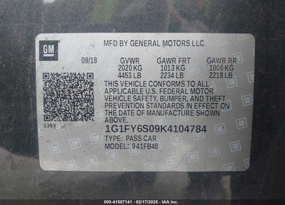 2019 CHEVROLET BOLT EV VIN: 1G1FY6S09K4104784