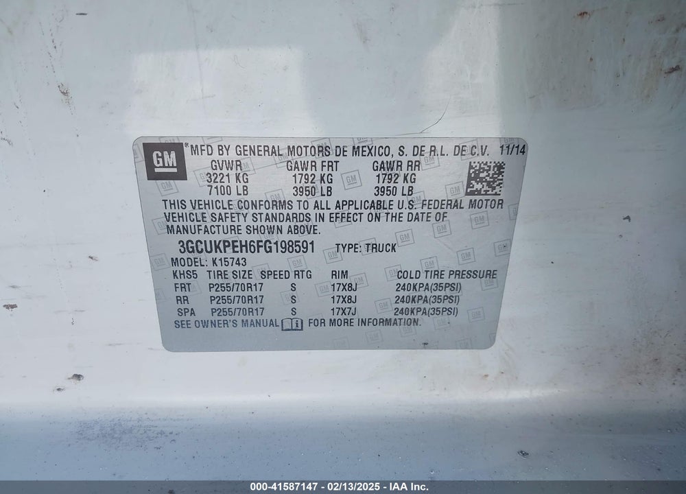 2015 CHEVROLET SILVERADO 1500 VIN: 3GCUKPEH6FG198591