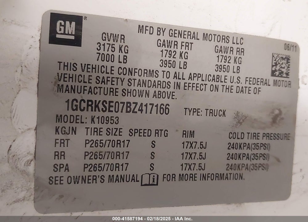 2011 CHEVROLET SILVERADO 1500 LT VIN: 1GCRKSE07BZ417166