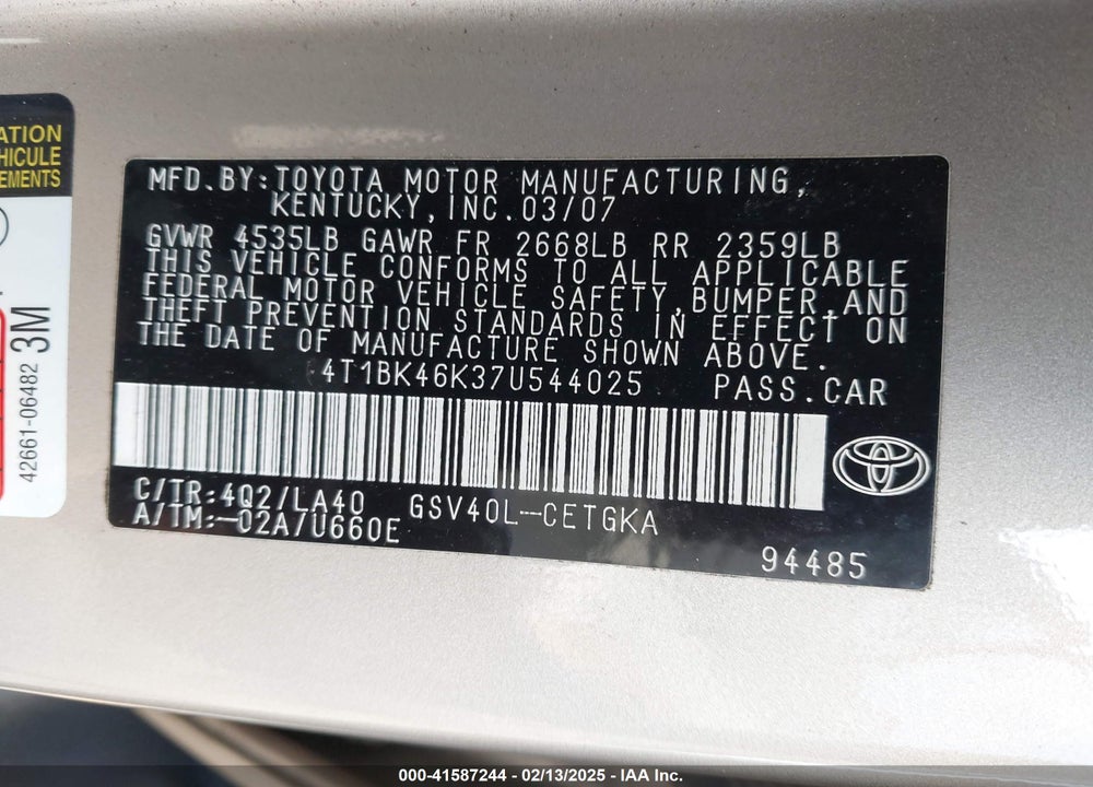 2007 TOYOTA CAMRY VIN: 4T1BK46K37U544025