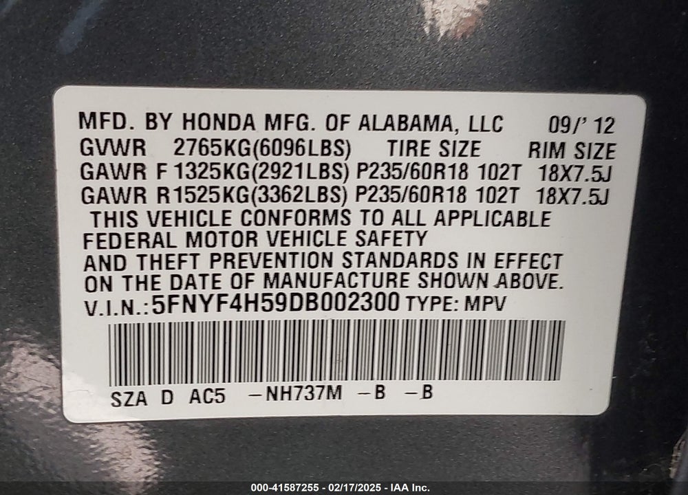 2013 HONDA PILOT EX-L VIN: 5FNYF4H59DB002300