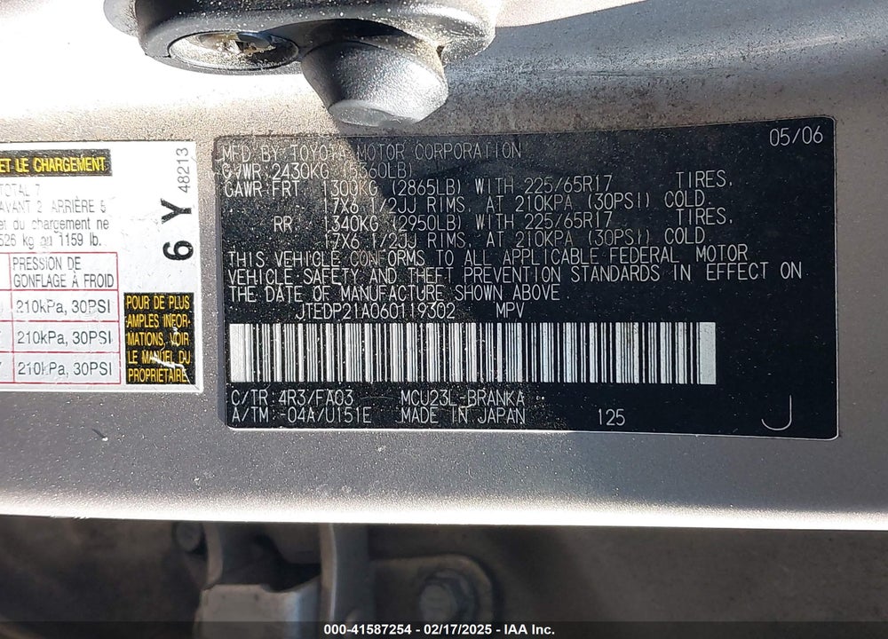 2006 TOYOTA HIGHLANDER VIN: JTEDP21A060119302