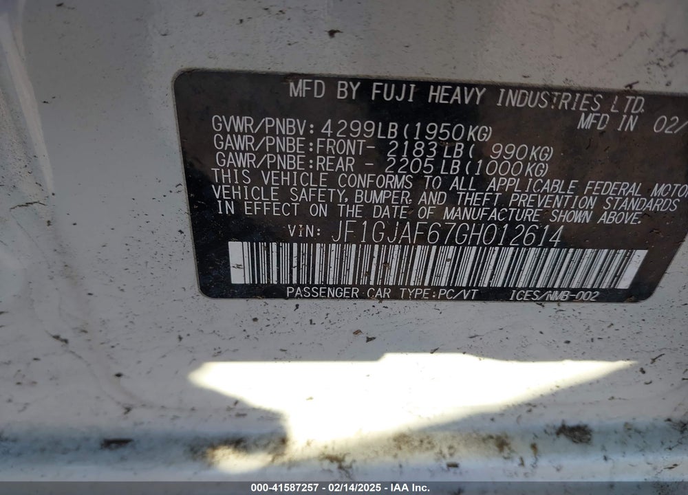 2016 SUBARU IMPREZA VIN: JF1GJAF67GH012614