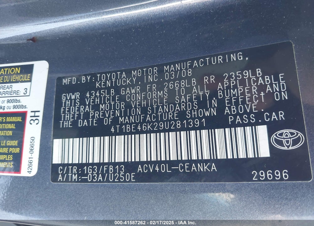 2009 TOYOTA CAMRY VIN: 4T1BE46K29U281391