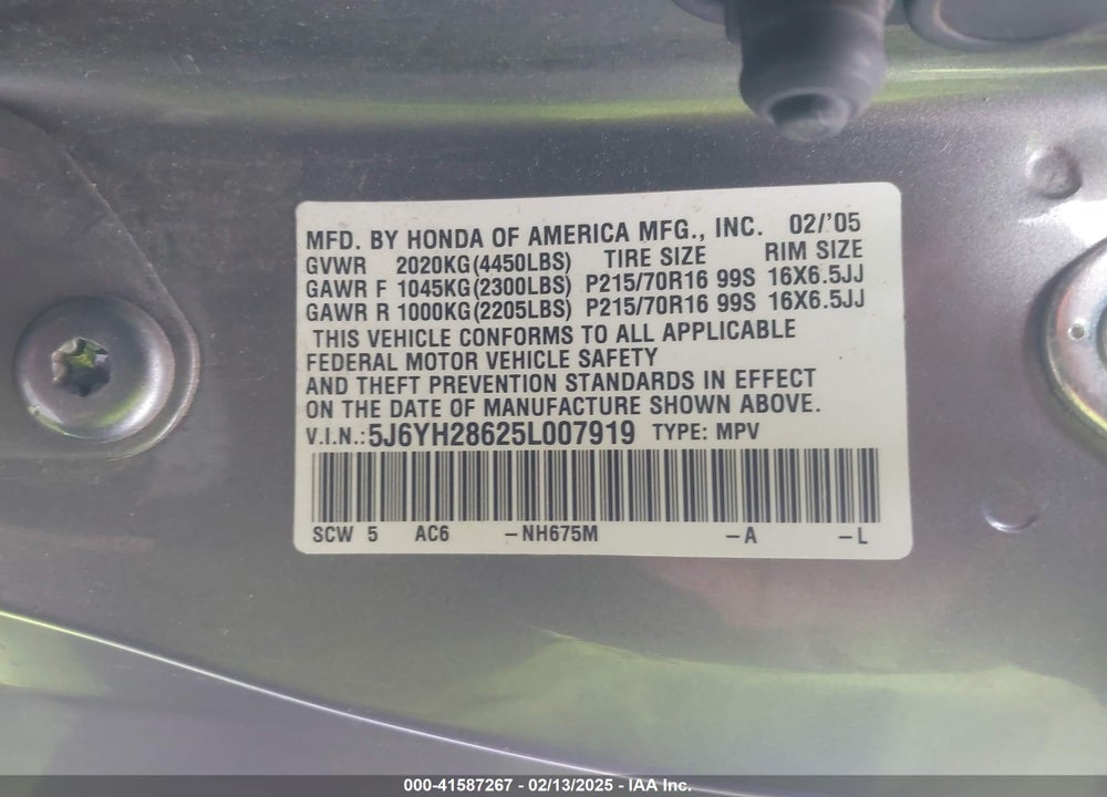 2005 HONDA ELEMENT EX VIN: 5J6YH28625L007919