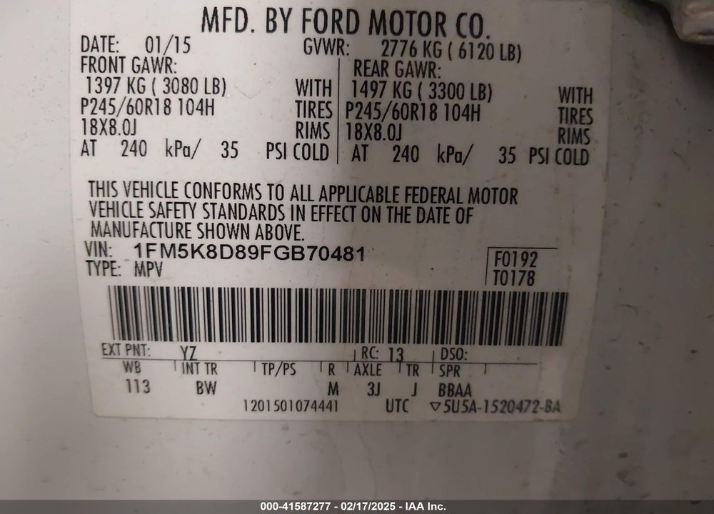 2015 FORD EXPLORER XLT VIN: 1FM5K8D89FGB70481