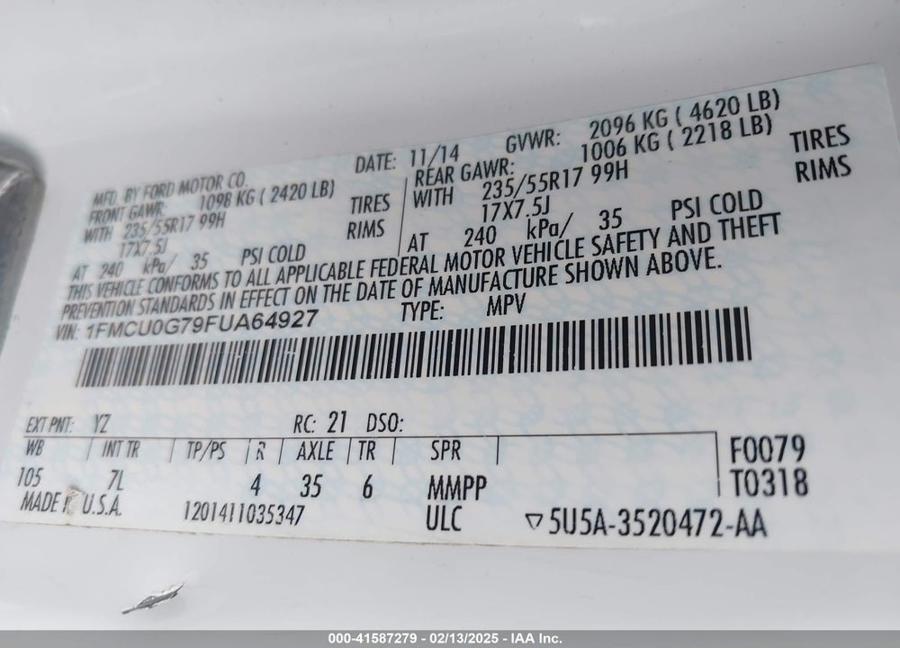 2015 FORD ESCAPE SE VIN: 1FMCU0G79FUA64927