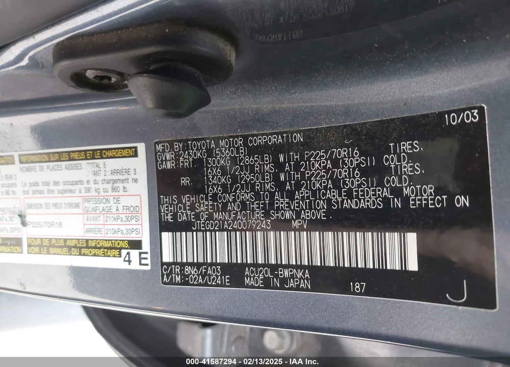 2004 TOYOTA HIGHLANDER VIN: JTEGD21A240079243