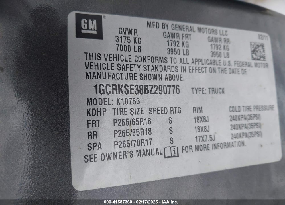 2011 CHEVROLET SILVERADO VIN: 1GCRKSE38BZ290776