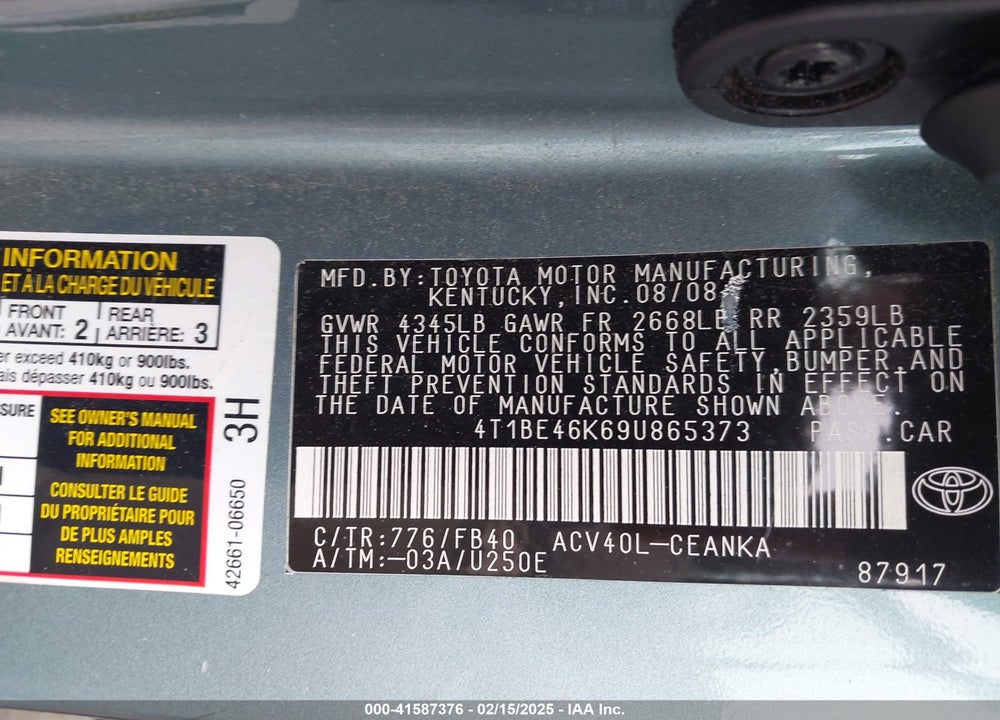 2009 TOYOTA CAMRY LE VIN: 4T1BE46K69U865373