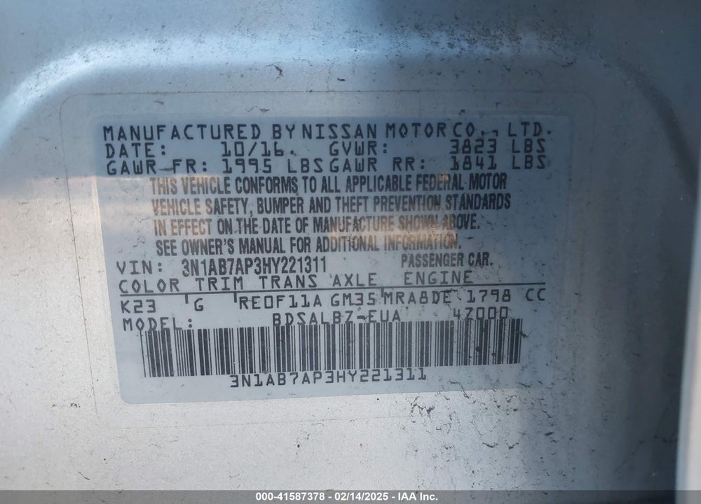 2017 NISSAN SENTRA VIN: 3N1AB7AP3HY221311