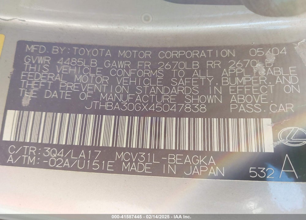 2004 LEXUS ES 330 VIN: JTHBA30GX45047838