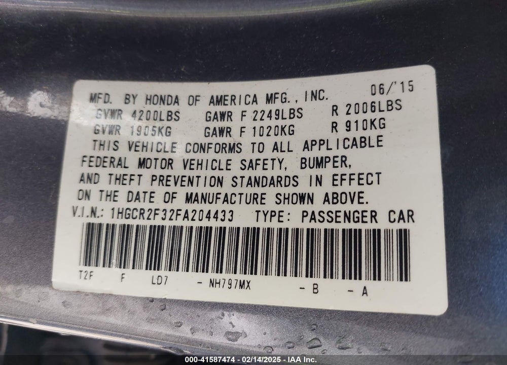 2015 HONDA ACCORD VIN: 1HGCR2F32FA204433