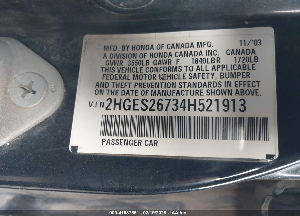 2004 HONDA CIVIC EX VIN: 2HGES26734H521913