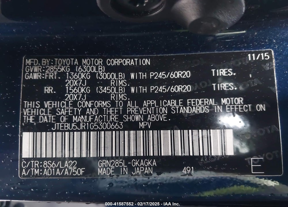 2016 TOYOTA 4RUNNER VIN: JTEBU5JR1G5300663