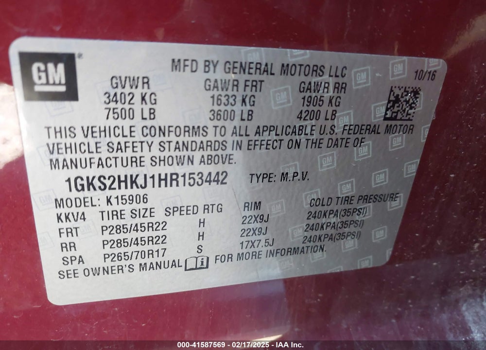 2017 GMC YUKON XL DENALI VIN: 1GKS2HKJ1HR153442
