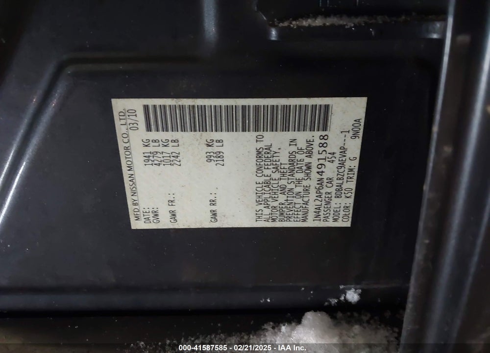 2010 NISSAN ALTIMA 2.5 S VIN: 1N4AL2AP6AN491588