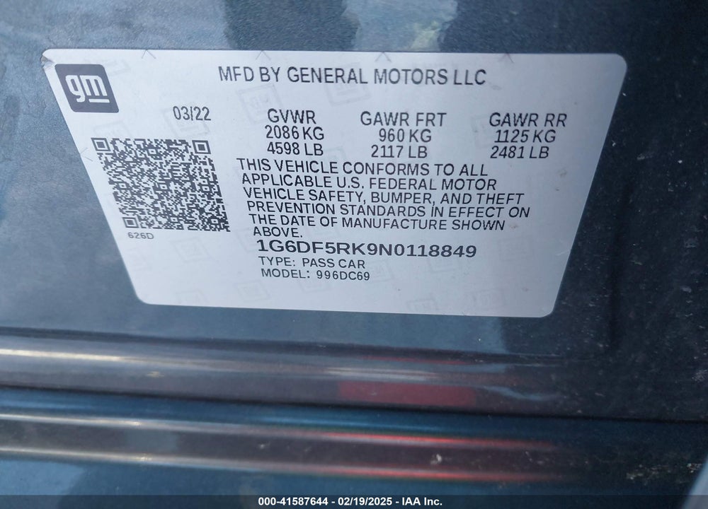 2022 CADILLAC CT4 VIN: 1G6DF5RK9N0118849