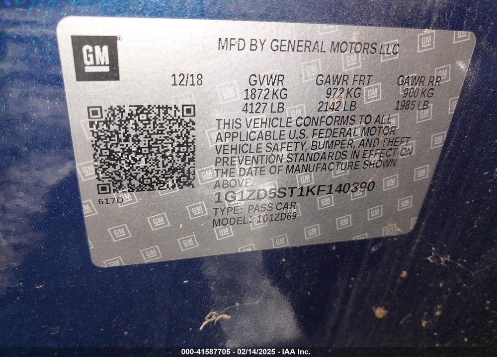 2019 CHEVROLET MALIBU LT VIN: 1G1ZD5ST1KF140390